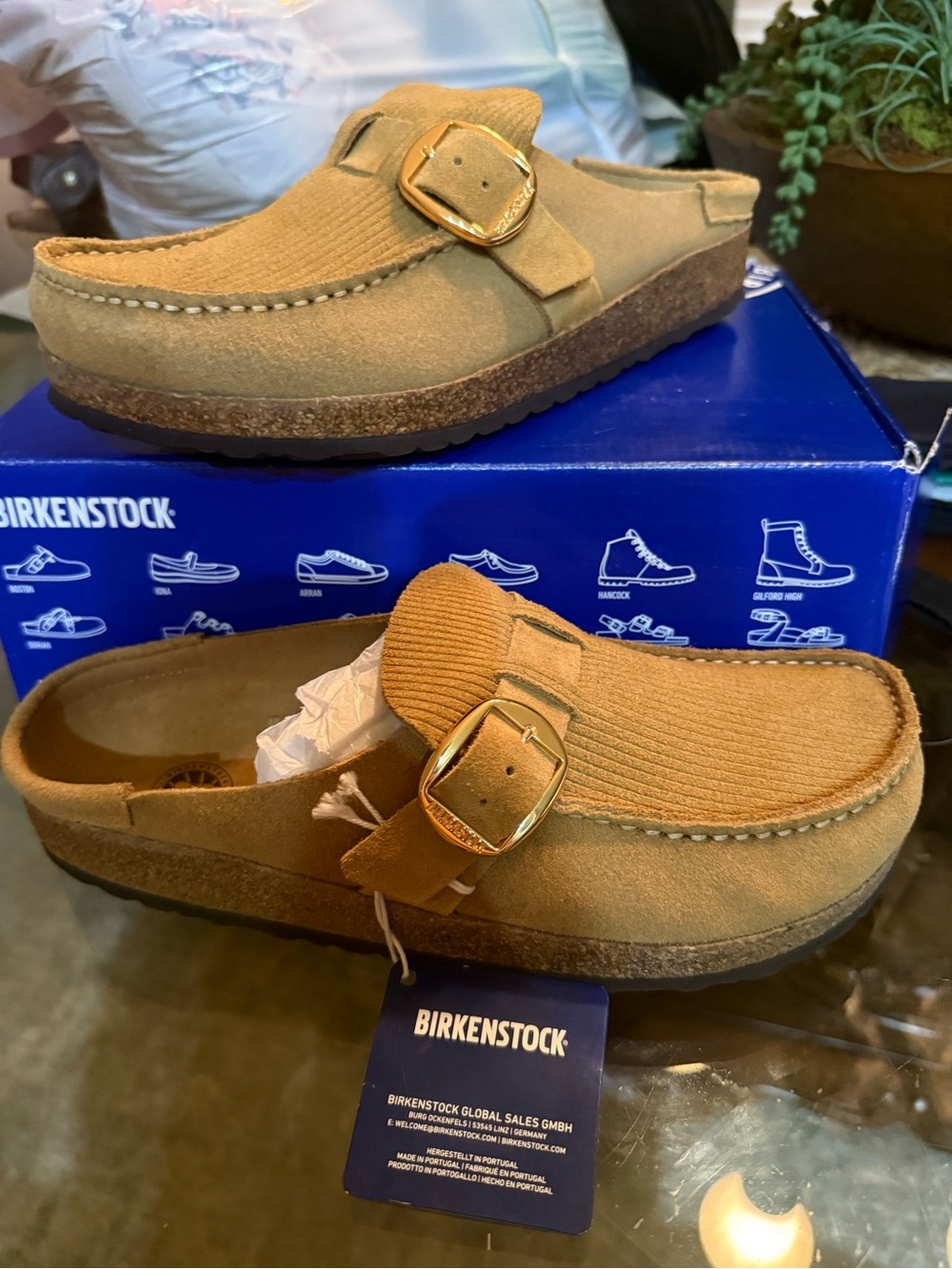 Birkenstock Camel Suede Clog with Gold Buckle